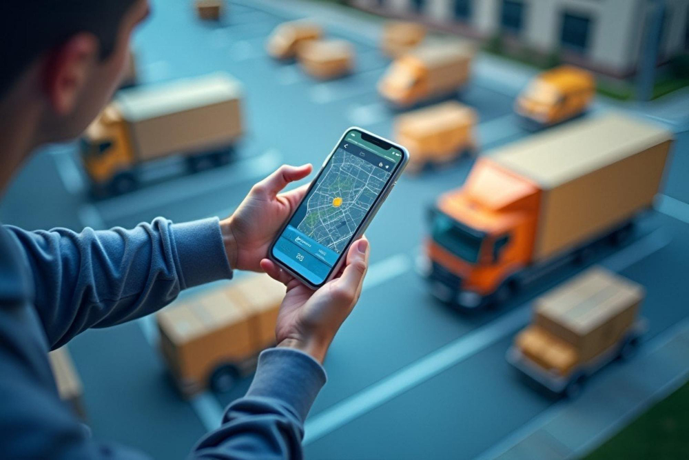 Funcionário fazendo um rastreamento inteligente das rotas de entrega do caminhão de sua transportadora.