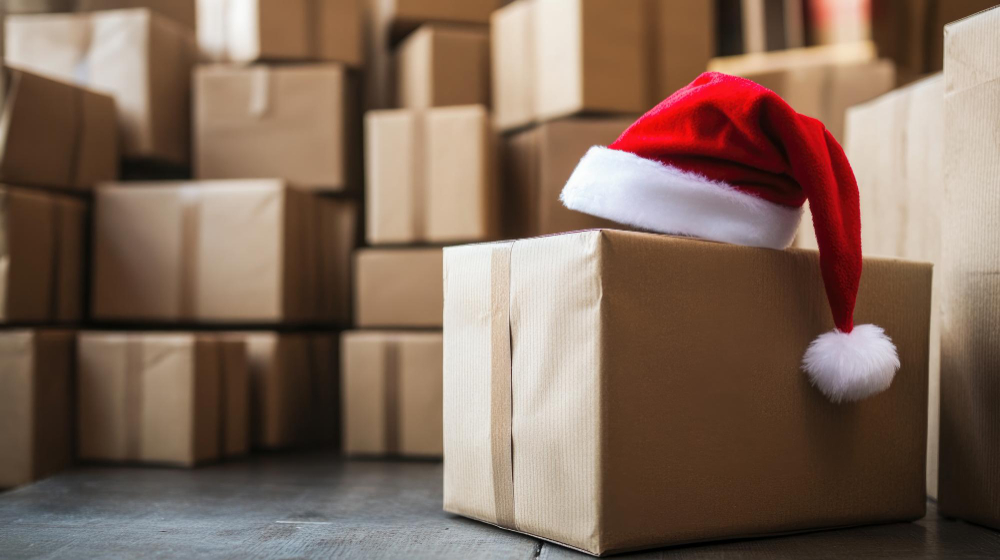 Caixas logísticas amontoadas com um chapeuzinho de natal encima, representando um novo ano vindo com planejamento estratégicos para 2026.