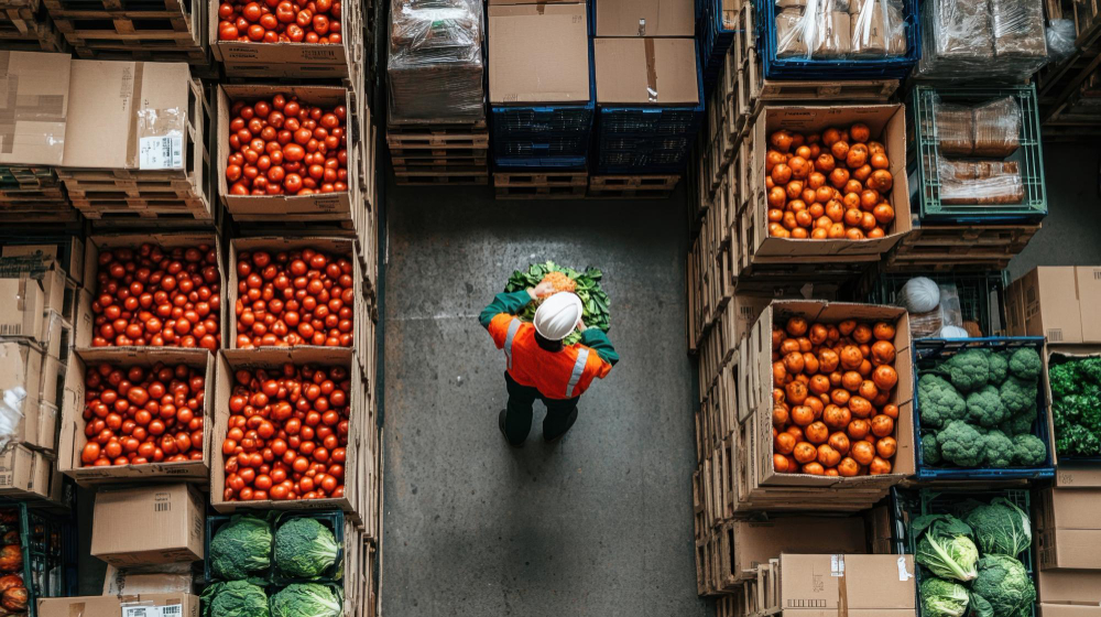 Colaborador andando entre setores logísticos de produtos sazonais.