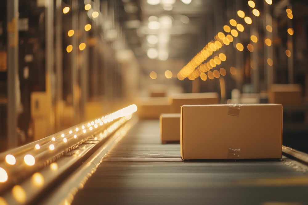 Esteira com caixas iluminadas de luzinhas pisca-pisca de natal, representando um fim de ano logistico.