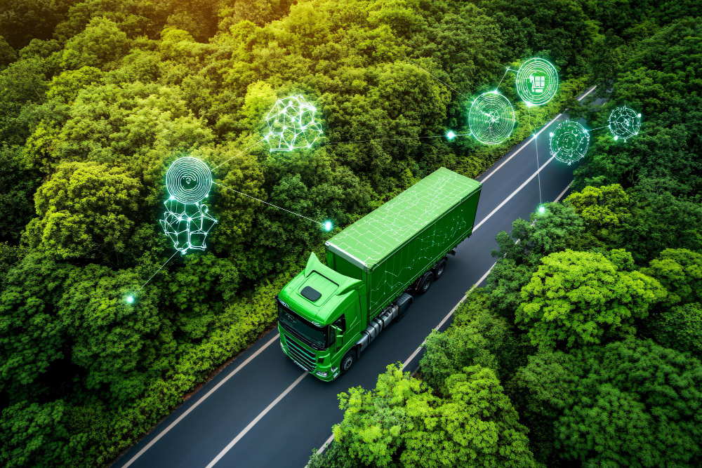 Caminhão verde andando em meio ao florestamento com alguns símbolos sustentáveis envolta do caminhão, representando a logística sustentável.