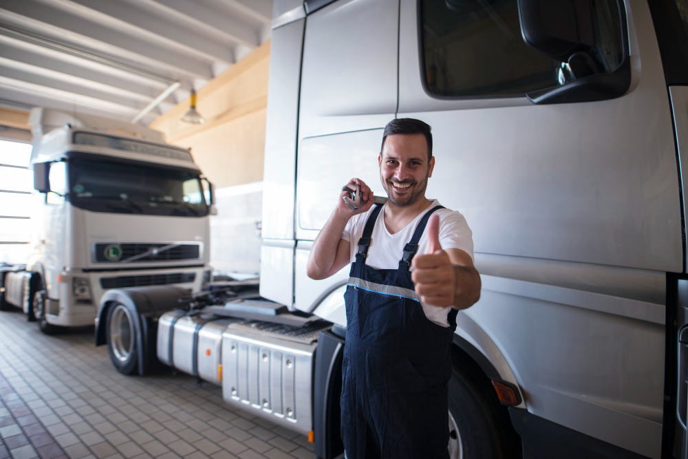 Motorista feliz após uma entrega perfeita para reduzir avarias no transporte logistico.